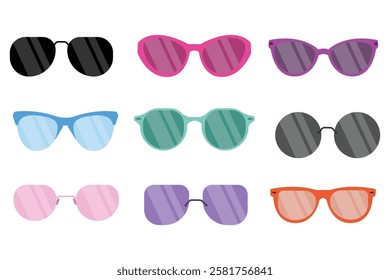 Set of eyeglasses in different styles. Protect eyes from sun in summer season. Suitable for clip art, stickers, flat design illustration, etc
