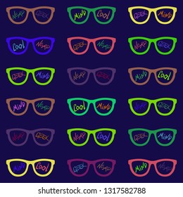 Set Of Eyeglasses With Inscriptions: Nerd, Cool, Mind, Geek. Seamless Pattern With Glasses And Inscriptions: Nerd, Cool, Mind, Geek. Vector Illustration