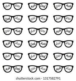 Set of eyeglasses with inscriptions: nerd, cool, mind, geek. Seamless pattern with glasses and inscriptions: nerd, cool, mind, geek. Vector illustration
