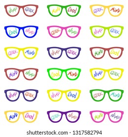 Set of eyeglasses with inscriptions: nerd, cool, mind, geek. Seamless pattern with glasses and inscriptions: nerd, cool, mind, geek. Vector illustration
