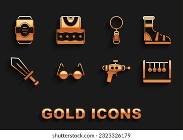 Fijar anteojos, zapatillas con medias, péndulo, pistola Ray, Espada para el juego, Magnificación, Bebé de energía e icono de Waistcover. Vector