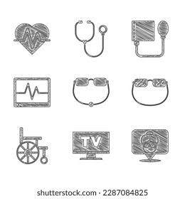 Set Eyeglasses, Smart Tv, Nursing home, Wheelchair, Monitor con cardiograma, Presión sanguínea e icono de la frecuencia cardíaca. Vector
