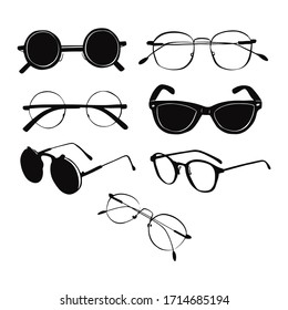 Set of eyeglasses and sunglasses. Fashion vintage elements hand drawn collection. Engraving style retro vector linear illustration