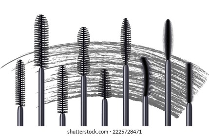 Set of eyelash brush a mascara tube and black brush stroke. Mascara fashion banner, template for advertising or magazine page, cosmetic object, beauty concept. Realistic 3d vector, isolated on white.