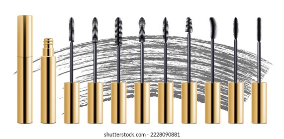 Conjunto de pincel de pestañas con un tubo de rímel y trazo de pincel negro. Banner de moda Mascara, plantilla para la página de publicidad o revista, objeto cosmético, concepto de belleza. Vector 3d realista, aislado en blanco