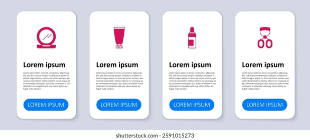 Set Eyelash curler, Essential oil bottle, Cream or lotion cosmetic tube and Makeup powder with mirror. Business infographic template. Vector