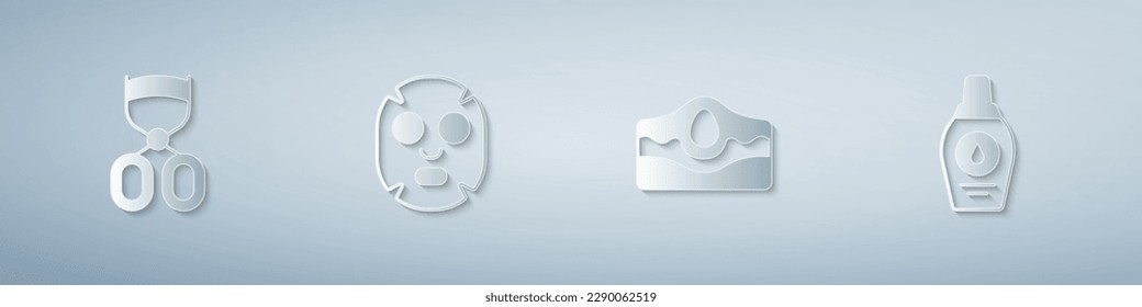 Set Eyelash curler, Facial cosmetic mask, Acne and Bottle of shampoo. Paper art style. Vector