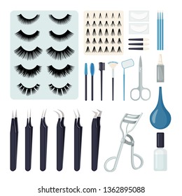 Set of Eyelash extension tools in flat style isolated on white background. Vector illustration.