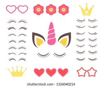 Set of eyelashes with hearts, crowns, flowers and glasses. Vector
