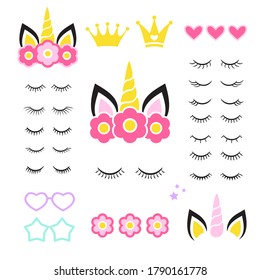 Set of eyelashes with hearts, crowns, flowers and glasses. Vector