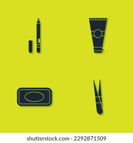 Set Eyeliner, eyebrow, Eyebrow tweezers, Bar of soap and Lotion cosmetic tube icon. Vector