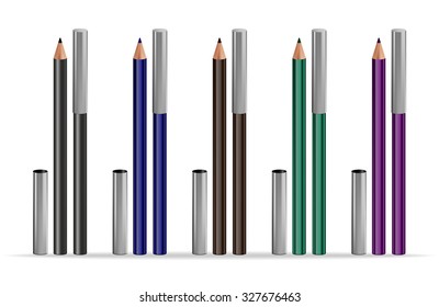 Set of eyeliners. Pencils for eyes of different colors with caps isolated on white background. Vector illustration