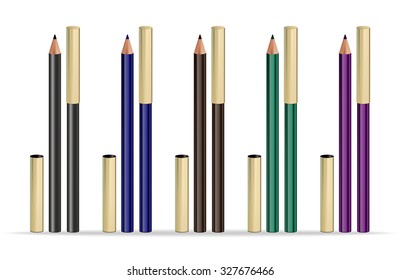 Set of eyeliners. Pencils for eyes of different colors with caps isolated on white background. Vector illustration