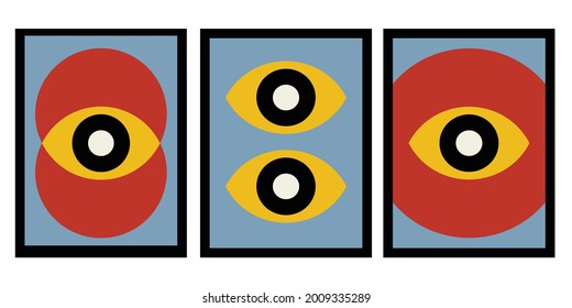 Set of eyes Abstract Geometric Wall Art. Mid Century Illustration in Minimal Style for house Decoration Background. Shape Art Set of soft color painting in boho style. poster template layouts.