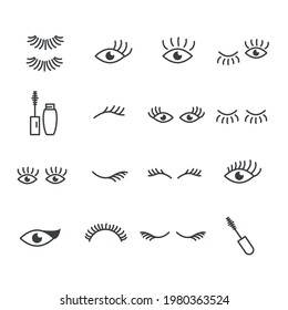 Set of eyes and beautiful black eyelashes icon. Beauty stylist or blogger concept in modern outline isolated on white background