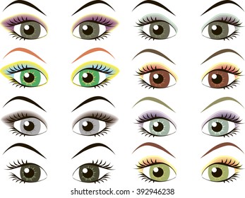 set of eyes with beautiful make-up in different colors