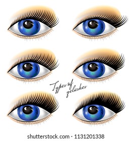 Set eyes with black eyelashes of different types. Vector illustration.