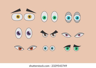 A set of eyes. Cartoon multicolored eyes. Emotional eyes. Surprised, angry, distressed, sleepy eyes