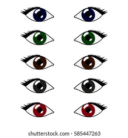 Set of eyes with different colors: blue, green, brown, grey, red or pink.