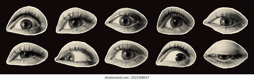 Set of eyes with different expressions in a halftone style. Emotions and gaze. Modern cutouts of eyes on torn paper for design, collage, banners, and social media. Female eyes