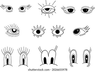 A set of eyes of different styles: cartoon, abstract. A vector image.