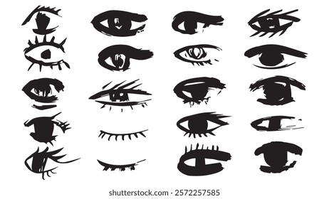 Set of eyes drawn with black wide brush, collection of different eyes in grunge style, open black eyes hand drawn with bold lines, dry brush texture, brush drawn eyes isolated on white background