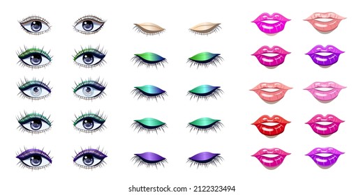 Set Of Eyes And Lips. Different Shades Of Lipstick And Eye Shadow. Long Eyelashes. Closed Eyes. Eye Animation.