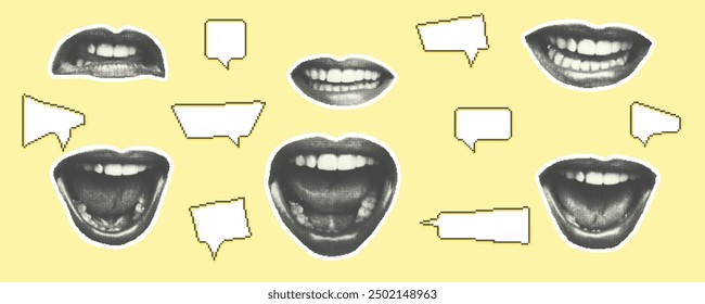 Set of eyes, lips, ear in halftone style. Retro magazine cut out clippings. Punk y2k collage isolated sticker elements. Mouth and tongue on yellow background. Vintage design. Vector illustration.