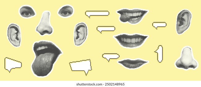 Set of eyes, lips, ear in halftone style. Retro magazine cut out clippings. Punk y2k collage isolated sticker elements. Mouth and tongue on yellow background. Vintage design. Vector illustration.