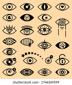 Set of eyes for logos, symbols, signs. Different pupils and irises. Conceptual and creative ideas for illustration of thoughts, articles about psychology, philosophy, history, cultures, cyber spies