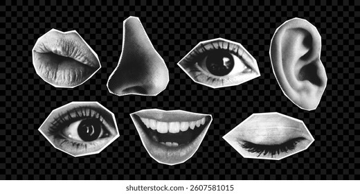 Set of eyes, mouth, and nose with halftone effect. Collage halftone elements for banner, poster and social media on transparent background. Vector.