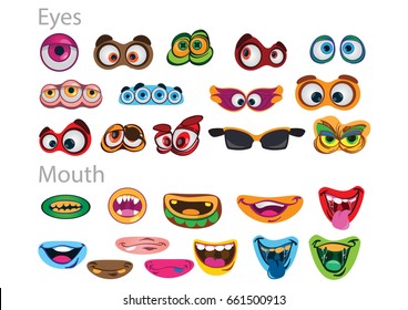 Set of eyes and mouthes for creating sweet childish monsters. Vector set illustration isolated on white background