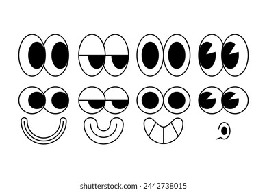 Set of eyes, mouths for groovy retro characters. Vintage forms, group, retro poster.