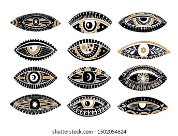 Set eyes mystic hand draw.Occult mystic emblem.Evil Seeing eye symbol naive set.Vector illustration.