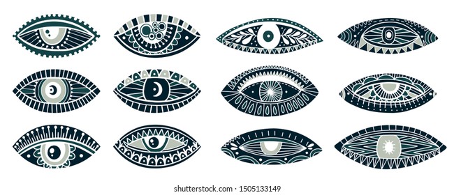 Set eyes mystic hand draw.Occult mystic emblem.Evil Seeing eye symbol naive set.Vector illustration.