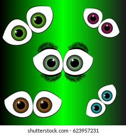 Set of eyes on green background. Vector illustration.