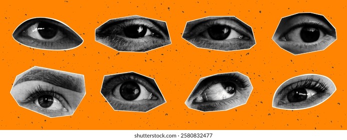 Set of eyes with paper cut halftone effect. Dotted pop art style. Modern vector illustration