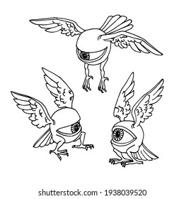 set of eyes with wings and chicken legs, monster, magical animals, surreal creatures, vector illustration with black ink contour lines isolated on white background in cartoon and hand drawn style