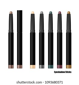 Set von Augshadow-Sticks in schwarzem Kunststoff und glänzender Hülle. Cremes-Augapfel in Form eines Bleistiftes in Vanille, Taupe, grau, blau, violett, goldfarben, geschlossen und geöffnet einzeln auf weißem Hintergrund