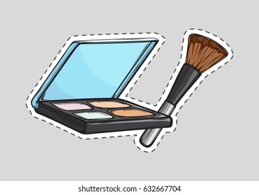 Set of eyeshadows with mirror. Brown cosmetic brush. Cut it out. Square black case. Cosmetics for women. Eyeshadow palette with four colours. Cartoon design. Flat style. Female fashion. Vector