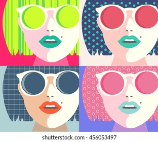 Set eye-wear glasses woman close up portrait.