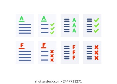 Set of A and F grade paper form icon. Excellent and failed score result. Performance, achievement, evaluation concepts. Flat vector design illustration isolated on background.