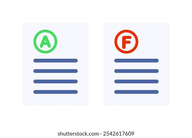 Conjunto de ícone de formulário de papel de grau A e F. Excelente e resultado de pontuação falha. Conceitos de desempenho, desempenho e avaliação. Ilustração isolada de design de vetor plano.