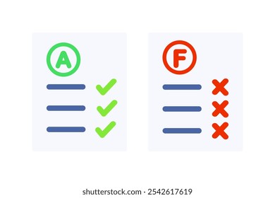 Set of A and F grade paper form icon. Excellent and failed score result. Performance, achievement, evaluation concepts. Flat vector design isolated illustration.