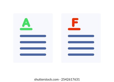 Set of A and F grade paper form icon. Excellent and failed score result. Performance, achievement, evaluation concepts. Flat vector design isolated illustration.