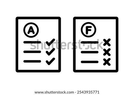 Set of A and F grade paper form icon. Excellent and failed score result. Performance, achievement, evaluation concepts. Outlined vector design isolated illustration.