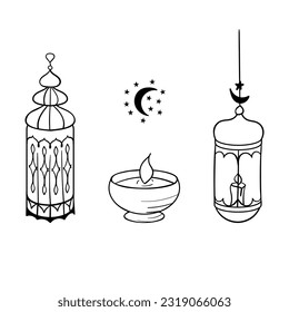 Conjunto de clímax del día sagrado islámico dibujado a mano. Símbolos del doodle del Islam - varias lámparas de petróleo. Aislado sobre fondo blanco.