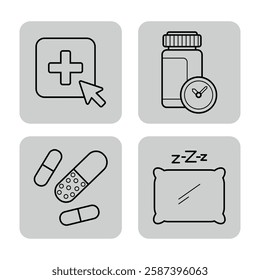 Set of f icons related to medicine. Medical cross, pill bottle with clock, variety of pills, and sleeping pillow indicating rest