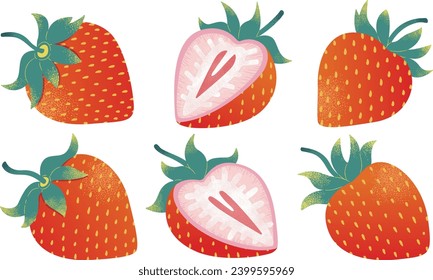 Conjunto de fresas enteras, la mitad de fresa y cortadas en rodajas. Ilustración vectorial de berry roja, estilo plano.