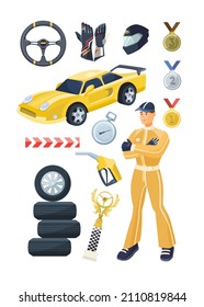 Set for F1 race winner. Vector illustrations of driver in uniform, medals for victory. Cartoon racer character, racing car, steering wheel, gloves and helmet isolated on white. Rally, sport concept